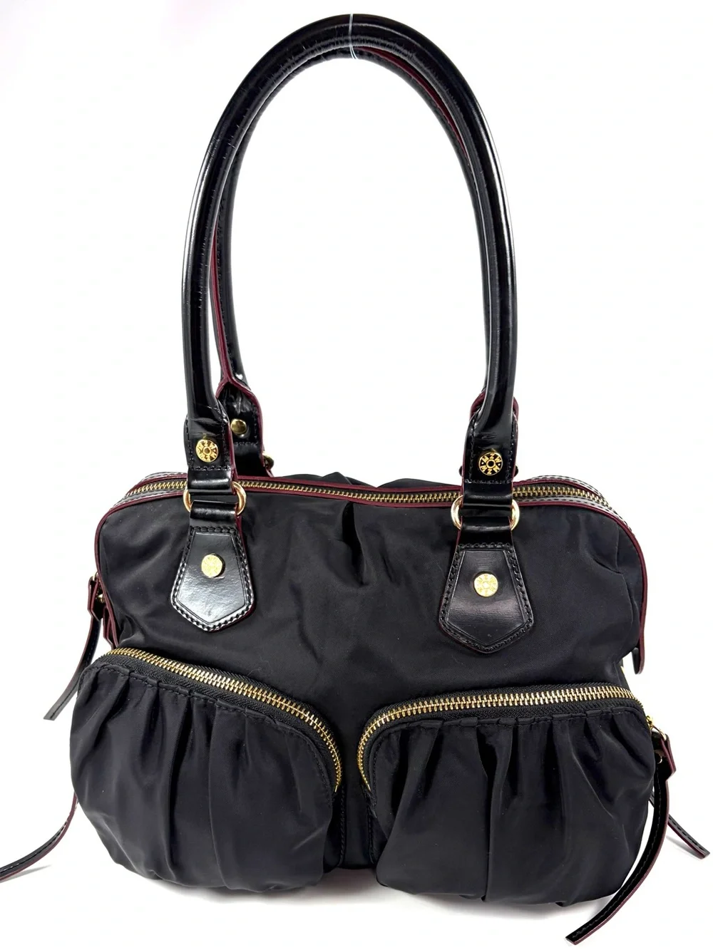 MZ Wallace Bedford Satchel Black Bedford Nylon Patent Leather Trim Gold Hardware - Picture 1 of 16